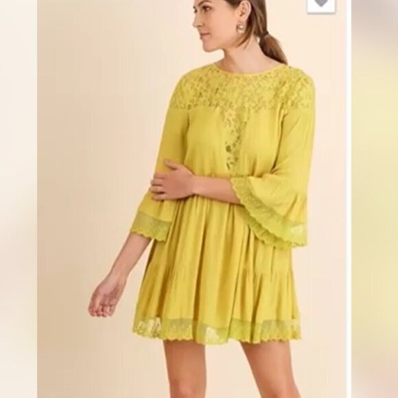 Umgee EUC mustard yellow flare sleeve tiered lace insert ruffle mini dress tunic - Picture 1 of 6